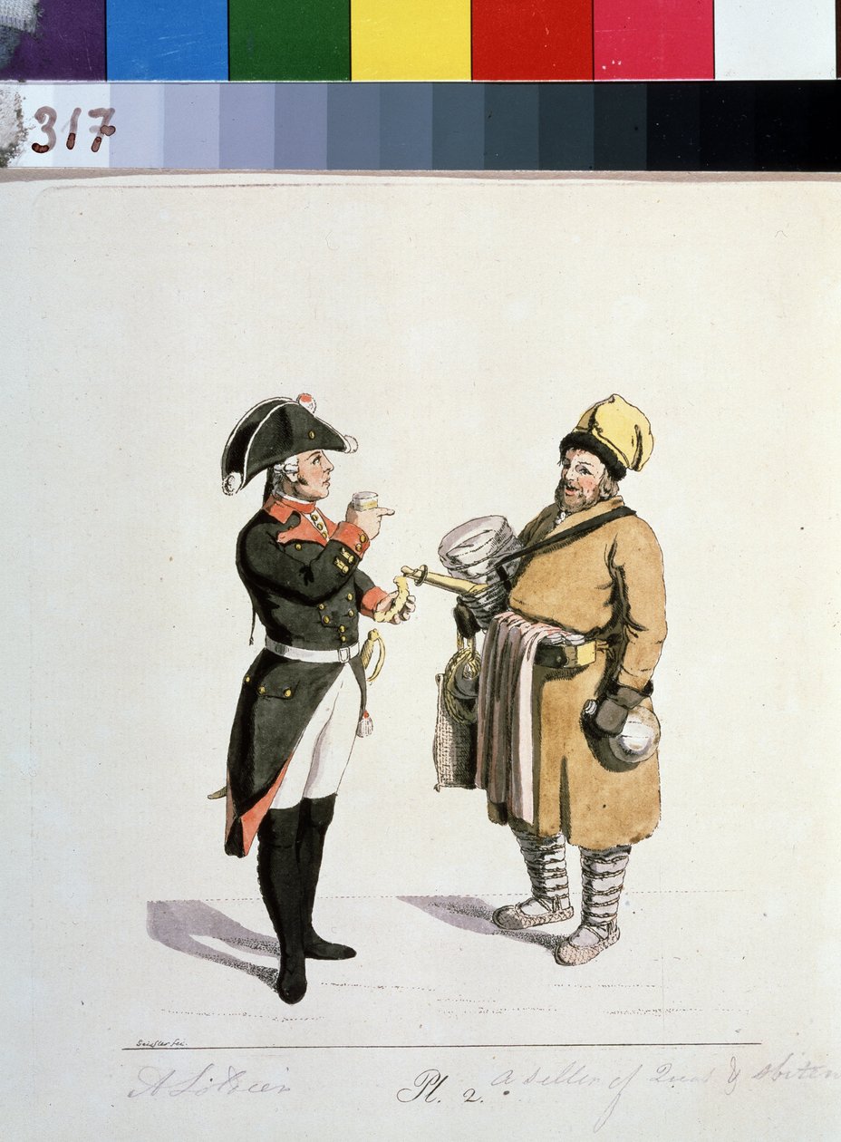 Serie om Moskva-kjøpmenn: selger av sbiten. Sbiten-leverandør (Fra serien The Moscow Merchants). Tegning av Christian Gottfried Heinrich Geissler (1770-1844) av Christian Gottfried Geissler
