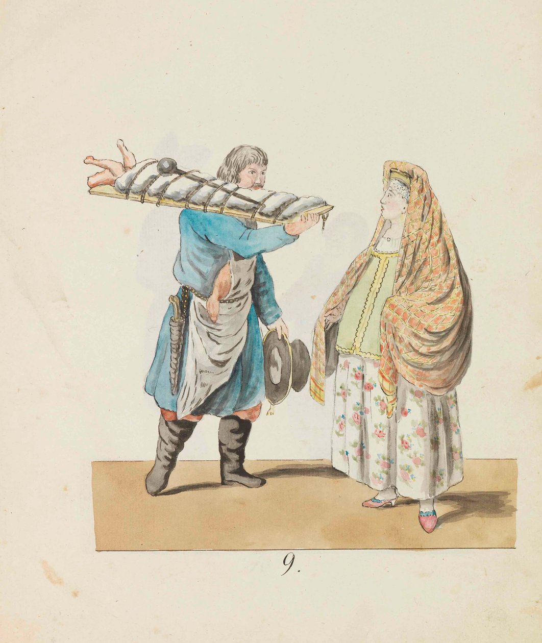 Slakter med gris på brettet og kjøpmann Fra serien St. Petersburg..., 1799. av Christian Gottfried Heinrich Geissler