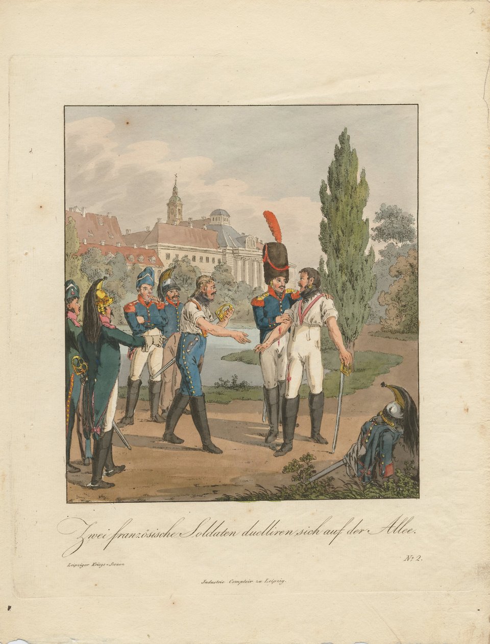 To franske soldater kjemper i en duell på en allé av Christian Gottfried Heinrich Geissler