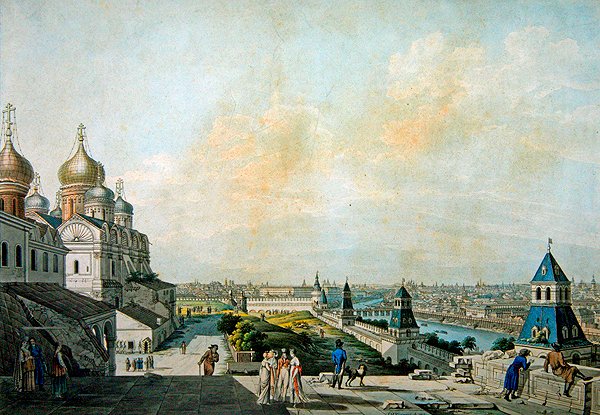 Moskva, utsikt over byen, til venstre for Kreml (gravering med akvarell) av Christian Gottlob Hammer