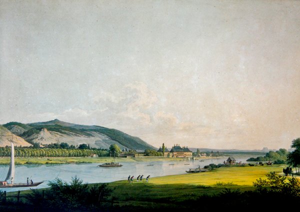 Pillnitz og dens omgivelser, nær Dresden (fargegravering) av Christian Gottlob Hammer
