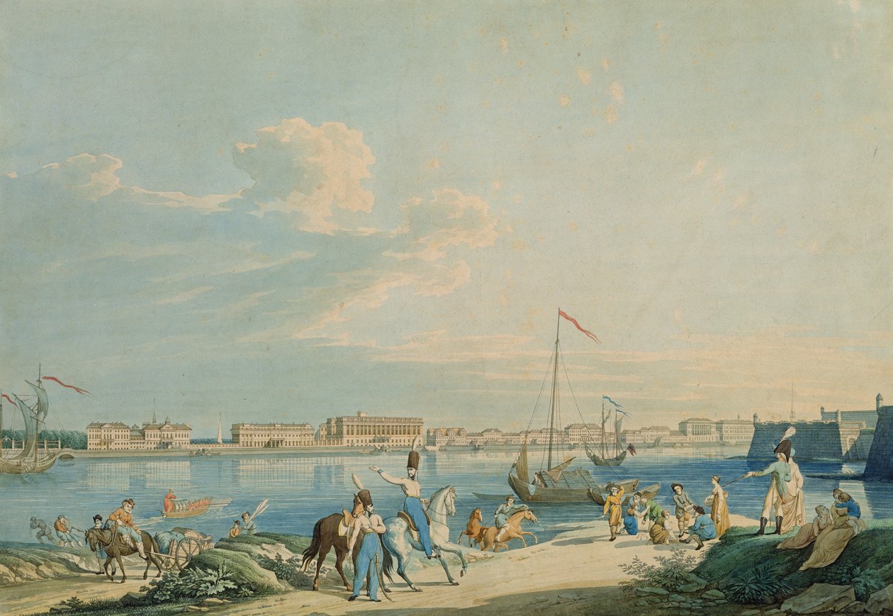 Utsikt over Marmorpalasset og nordsiden av Peter og Paul-festningen, St. Petersburg (gravering med wc) av Christian Gottlob Hammer