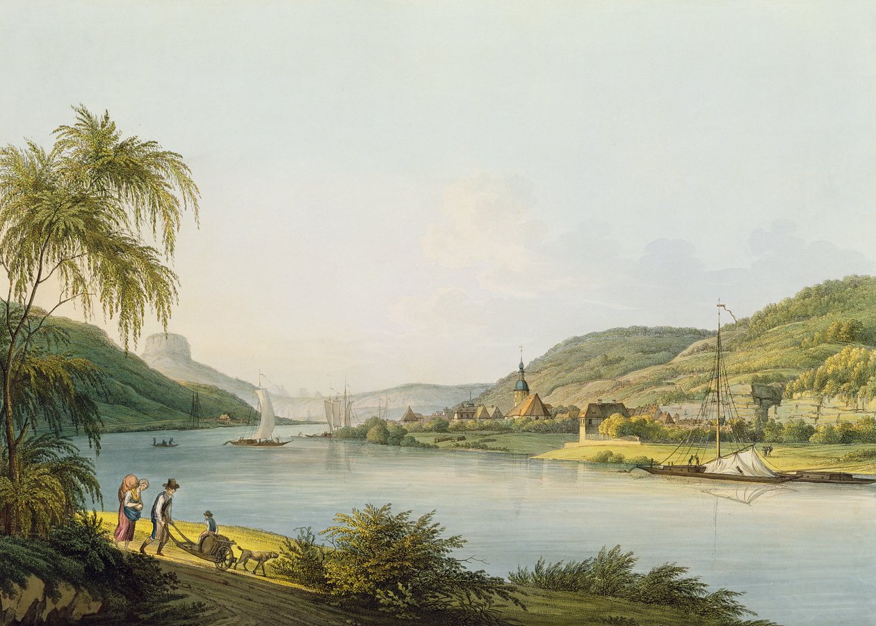 Utsikt over den sørlige delen av Schandau på Elben i Sachsen på grensen til Böhmen (gravering med akvarell) av Christian Gottlob Hammer
