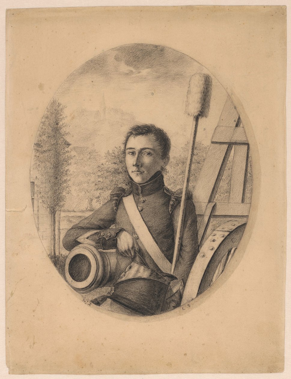Portrett av en ung soldat, kepi i høyre hånd, lent på en kanonløp (selvportrett?) av Christian Heinrich Gottlieb Steuerwald