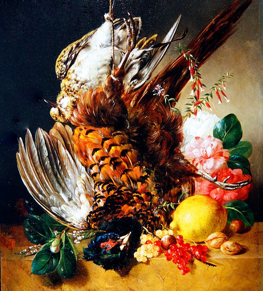 Et stilleben med frukt, blomster og vilt av Christian Huygens