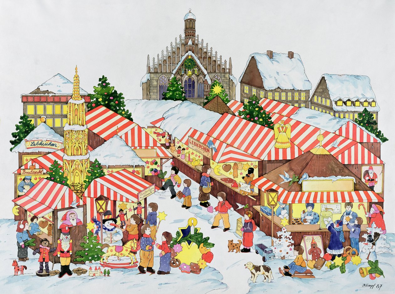 Christkindlmarket, Nürnberg, 1987 (wc på papir) av Christian Kaempf