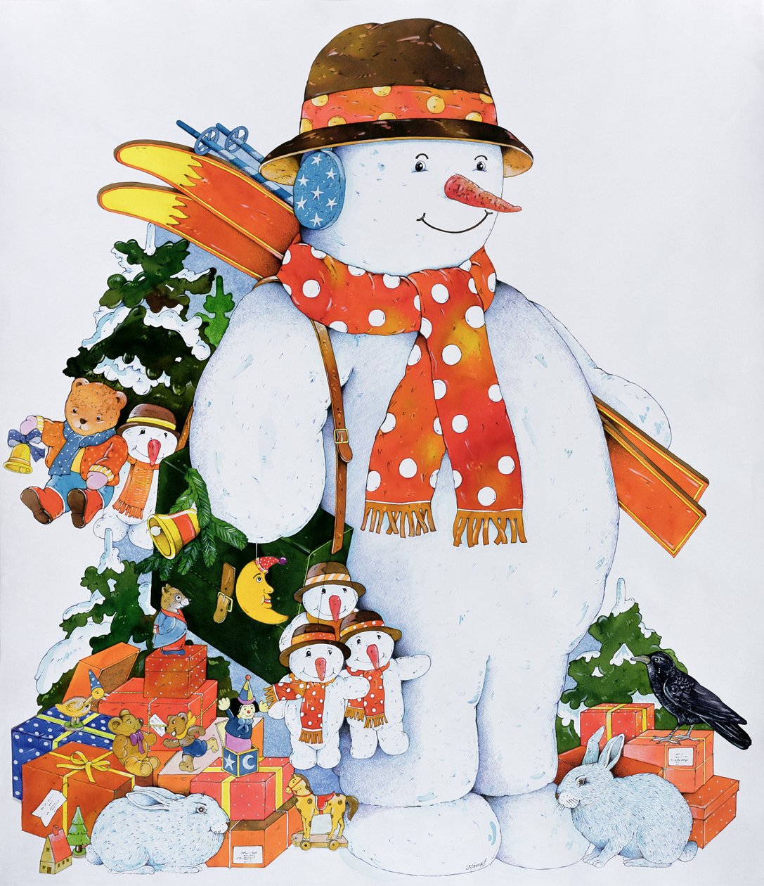 Snømann med ski, 1998 (wc på papir) av Christian Kaempf