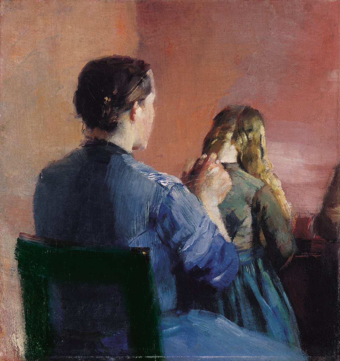 En mor fletter håret til sin lille datter av Christian Krohg