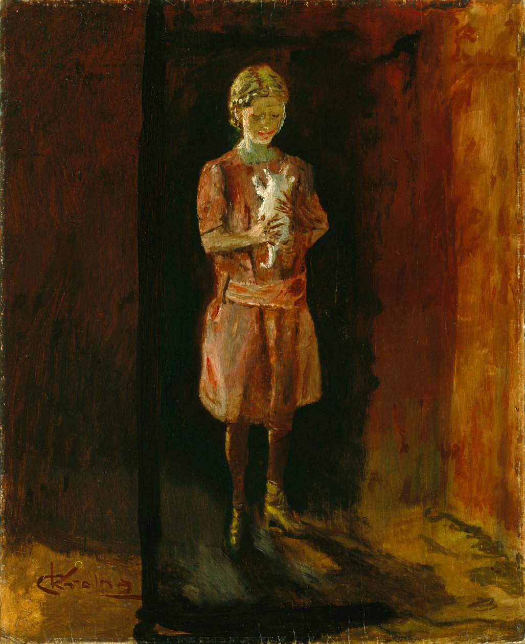 Jente med katt (olje på lerret) av Christian Krohg