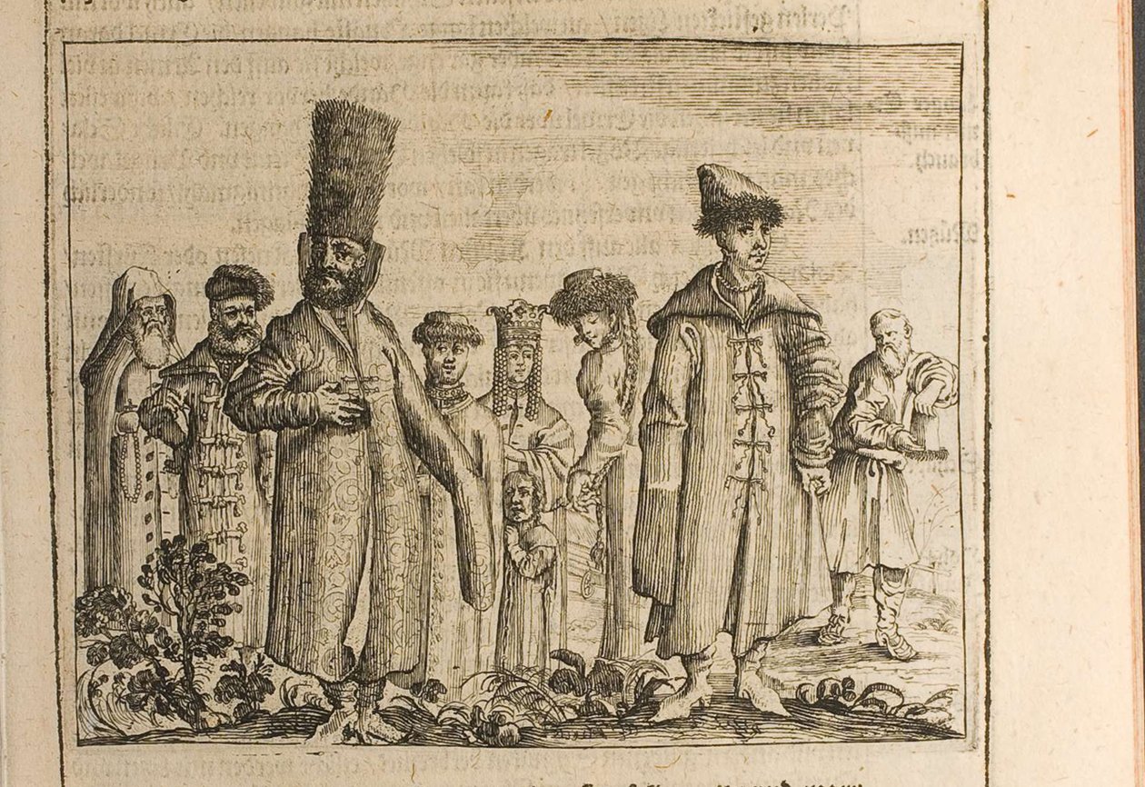 Tradisjonell kjole av Moscovites Illustrasjon fra reiser til den store hertugen av Muscovy og slekten av Christian Lorenzen Rothgiesser