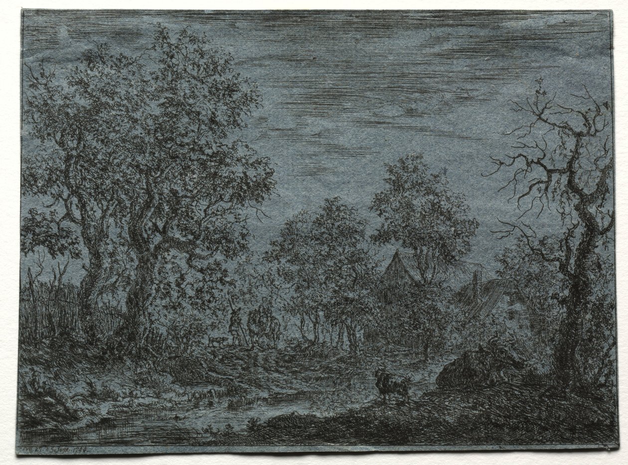En liten elv i forgrunnen med en ku og geit, 1744. av Christian Ludwig von Hagedorn