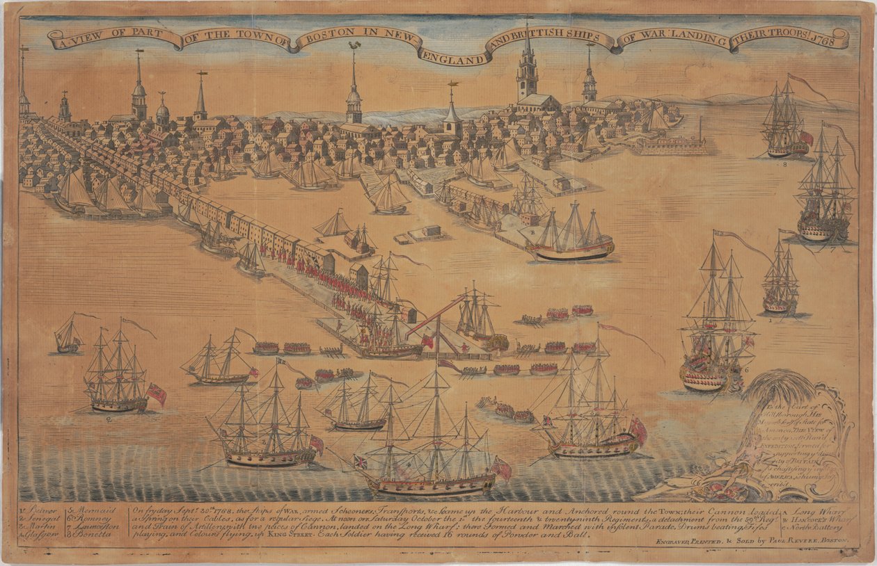 En utsikt over deler av byen Boston i New England og britiske krigsskip lander troppene sine! av Christian Remick