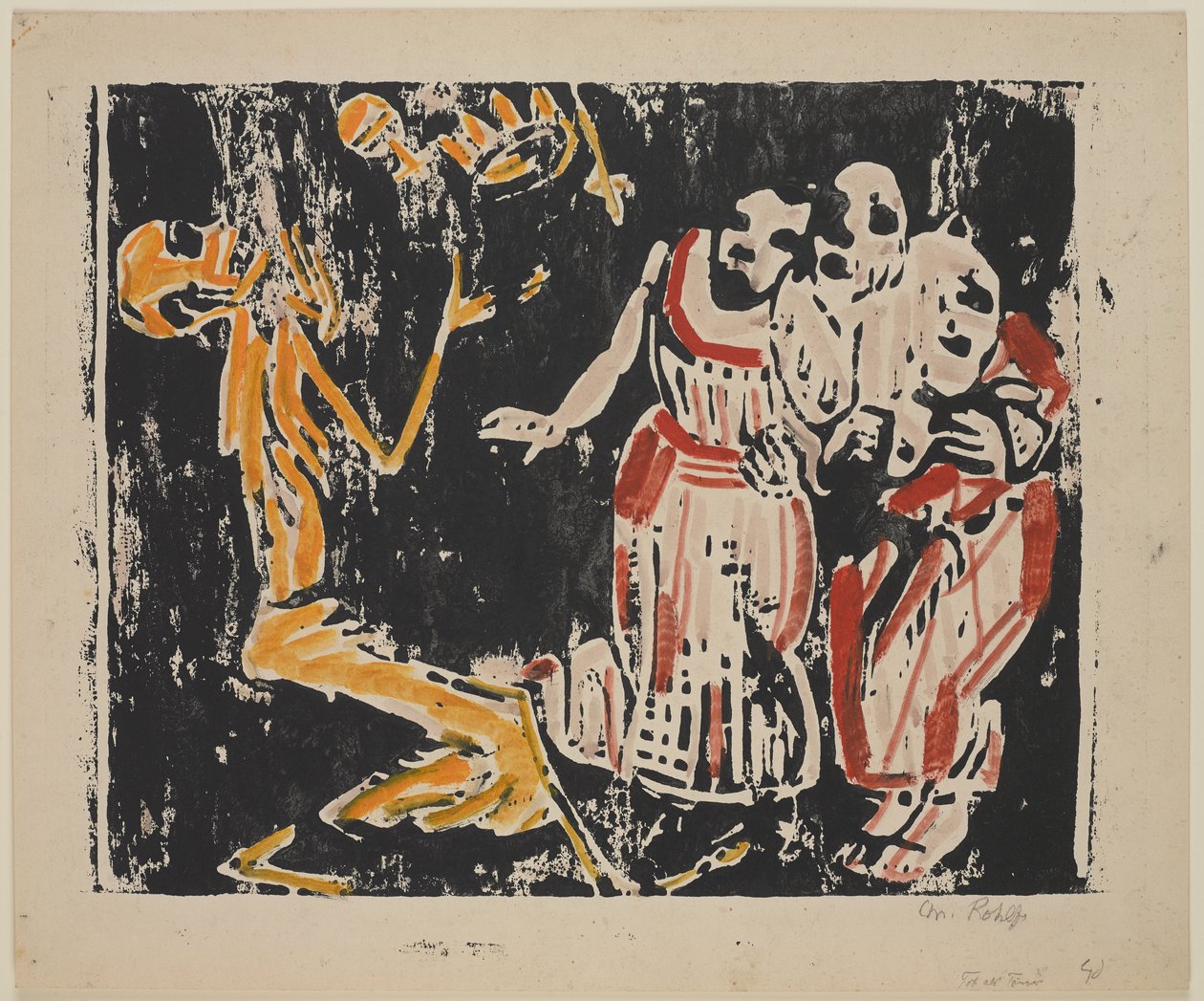 Døden som gjøgler (revolusjon) (Tod als Jongleur [revolusjon]), 1918-19 (fargetresnitt i gult, rødt og svart på kraftig vevd papir) av Christian Rohlfs