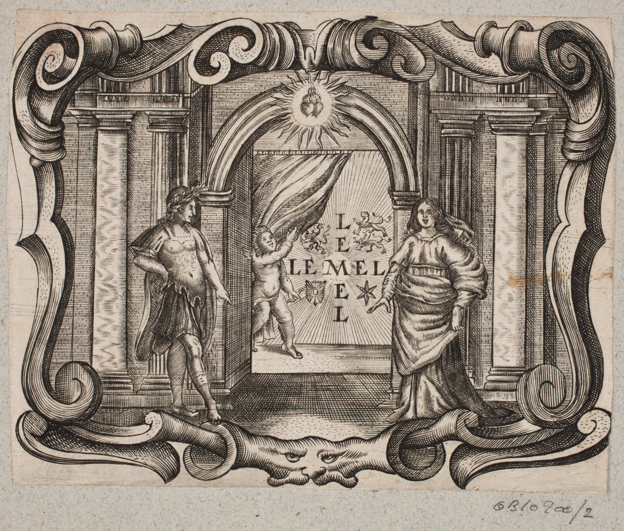 Emblem med portal, mann og kvinne, amor og to brennende hjerter av Christian Rothgiesser