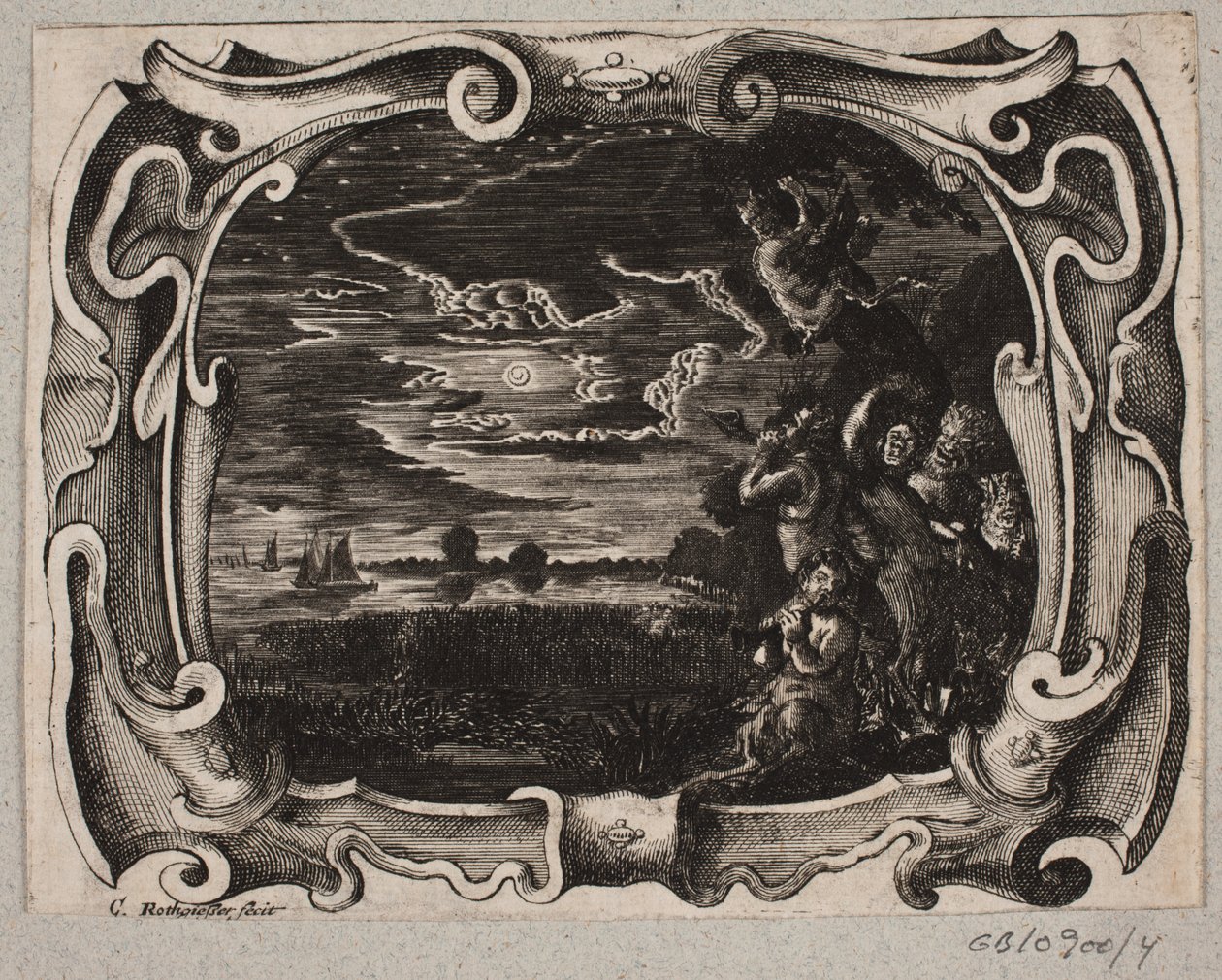 Emblem med satyrer samlet ved et tre om natten av Christian Rothgiesser