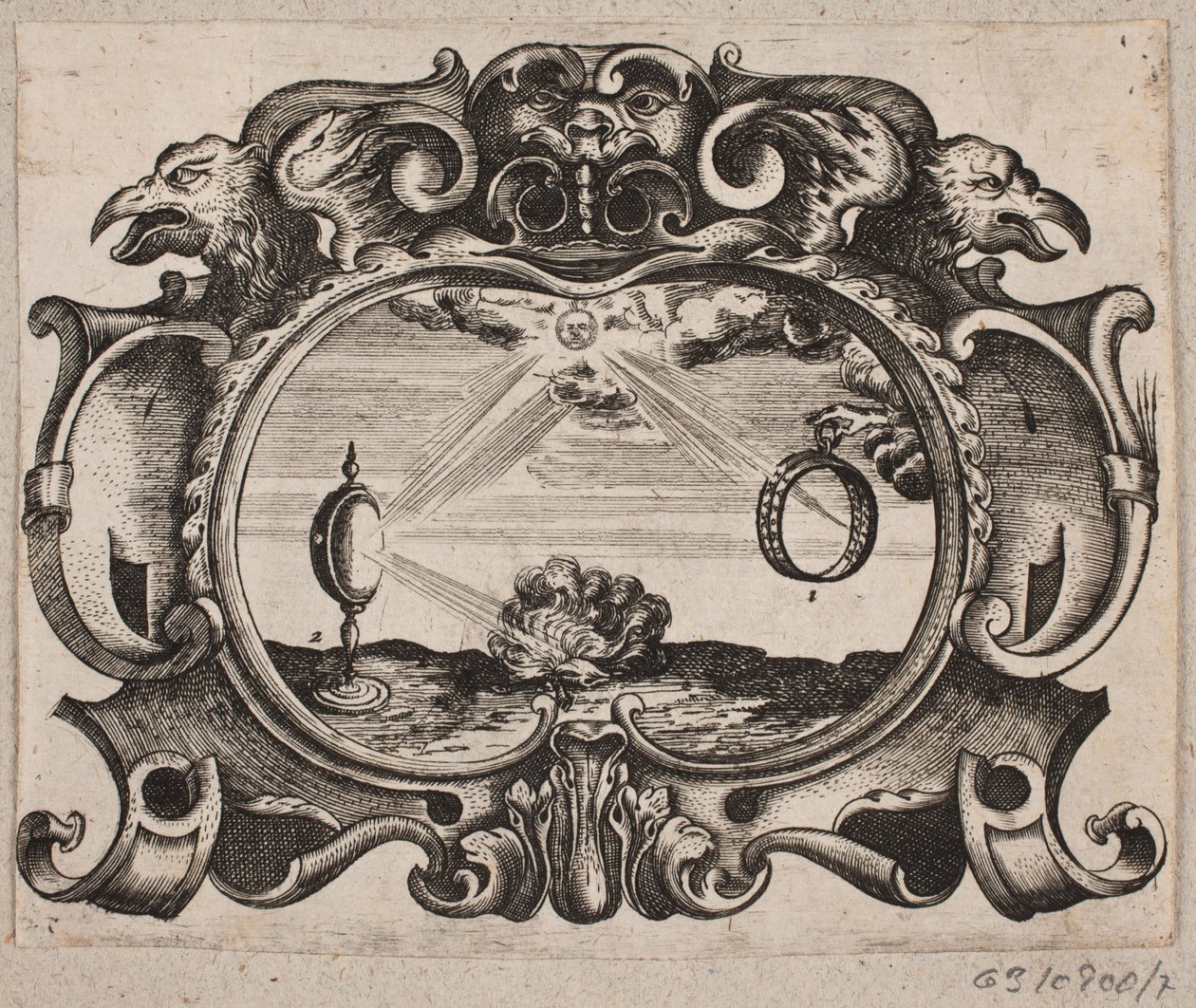 Emblem med sol som stråler gjennom en ring og gjennom et brennende glass for å tenne en brann av Christian Rothgiesser