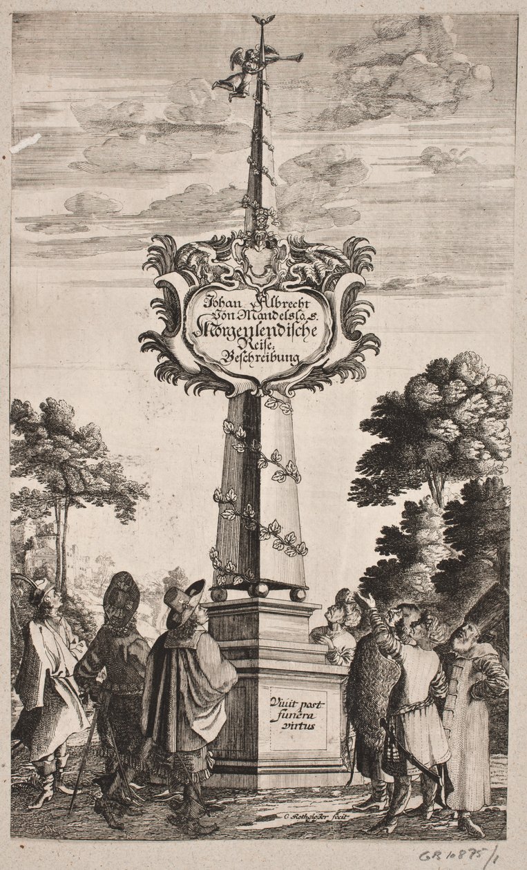Tittelside til Johann Albrecht Mandelslo, "Orientalsk reisebeskrivelse [...], Schleswig 1668 av Christian Rothgiesser