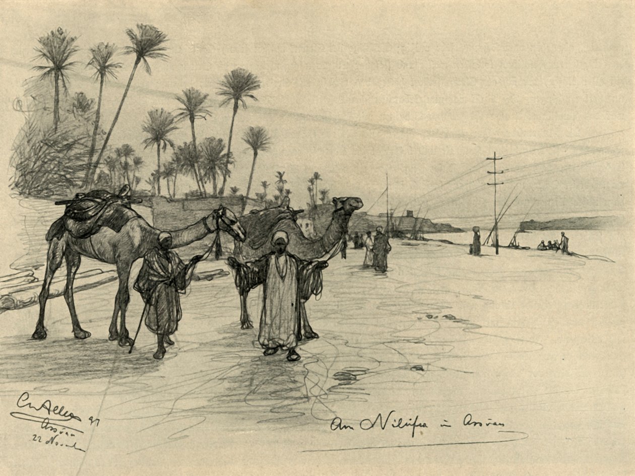 Kamelførere ved bredden av Nilen i Aswan, Egypt, 1898. av Christian Wilhelm Allers
