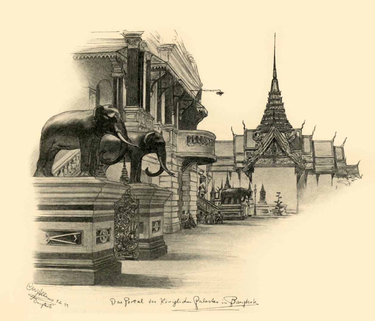 Inngang til det kongelige palasset i Bangkok, Siam, 1898. av Christian Wilhelm Allers
