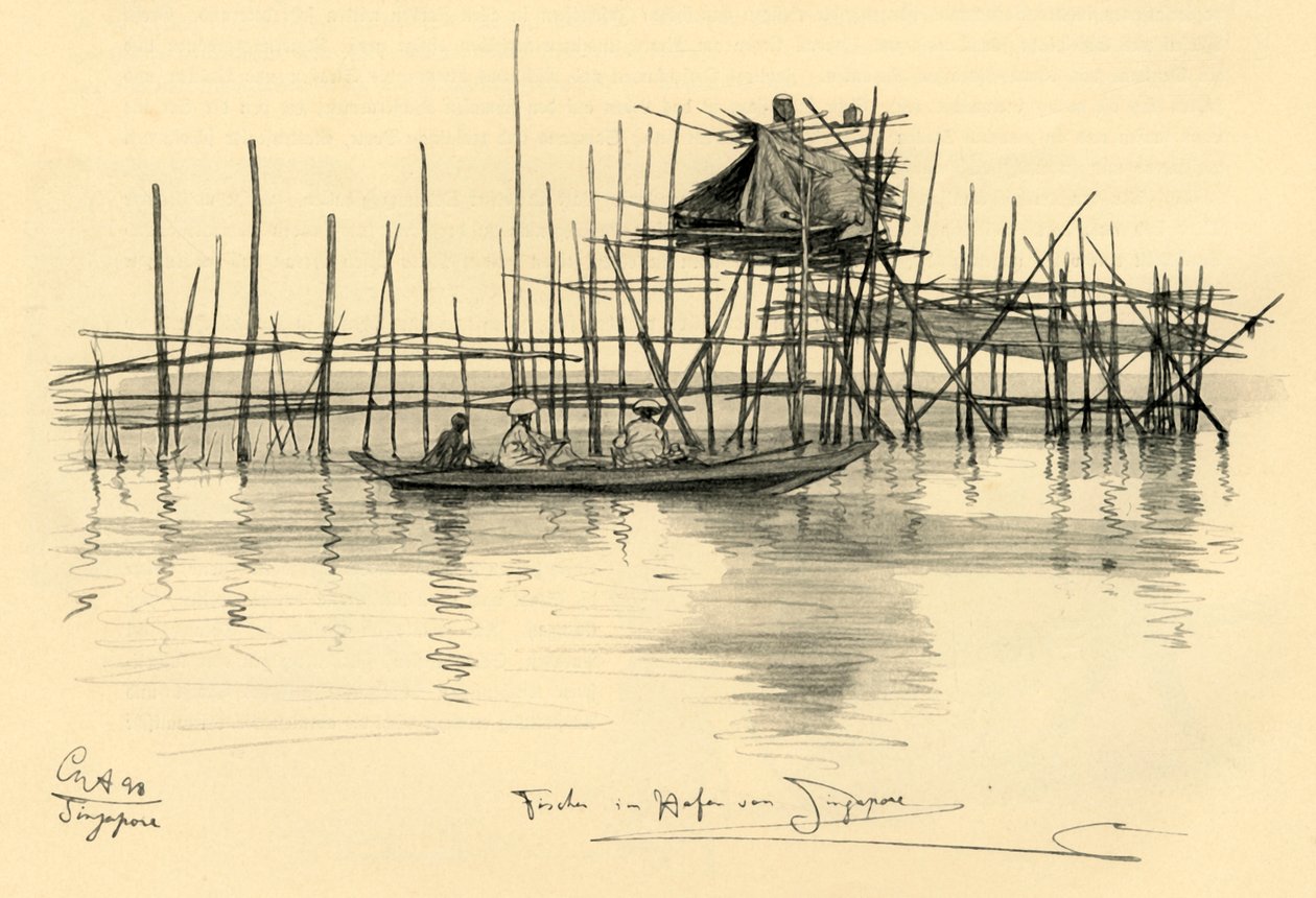 Hus på stylter og fiskere i Singapore havn, 1898. av Christian Wilhelm Allers