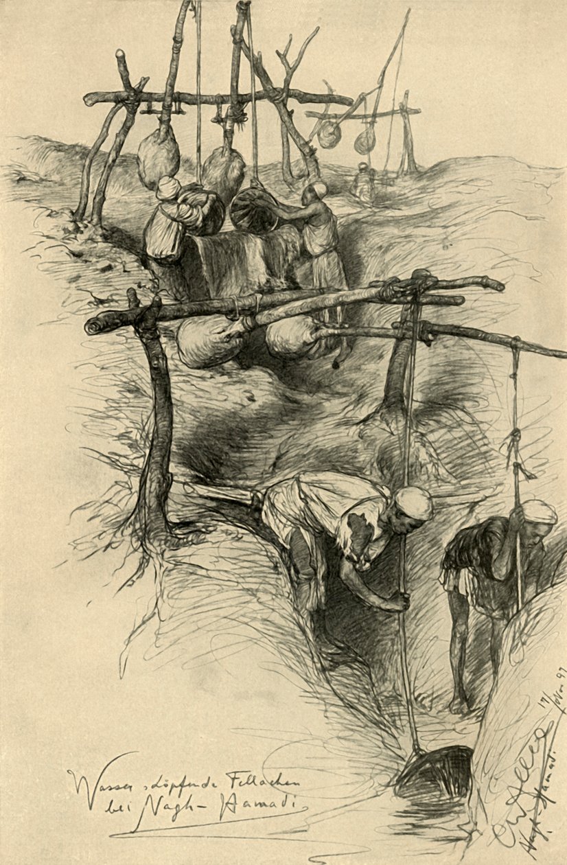 Løfte vann fra Nilen ved hjelp av en shadouf, Nag Hammadi, Egypt, 1898. av Christian Wilhelm Allers
