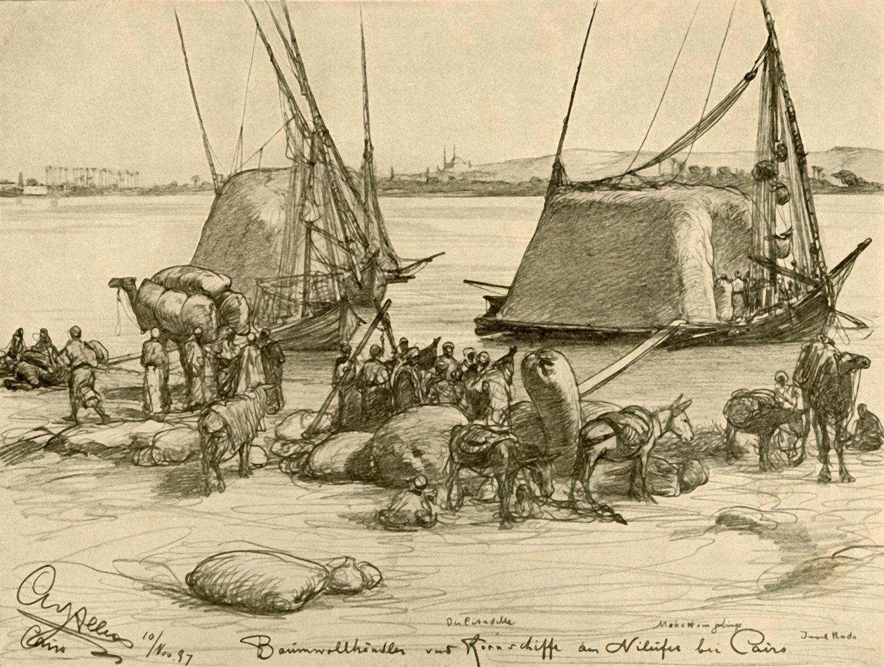 Laster bomull på kornbåter, Nilen, Kairo, Egypt, 1898. av Christian Wilhelm Allers