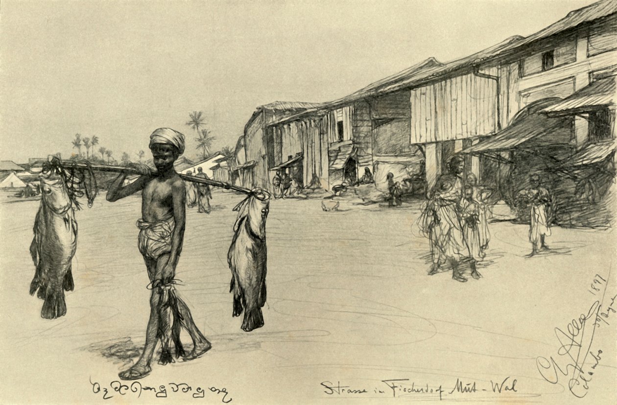 Gatebilde i en fiskerlandsby, Mutwal, Ceylon, 1898. av Christian Wilhelm Allers