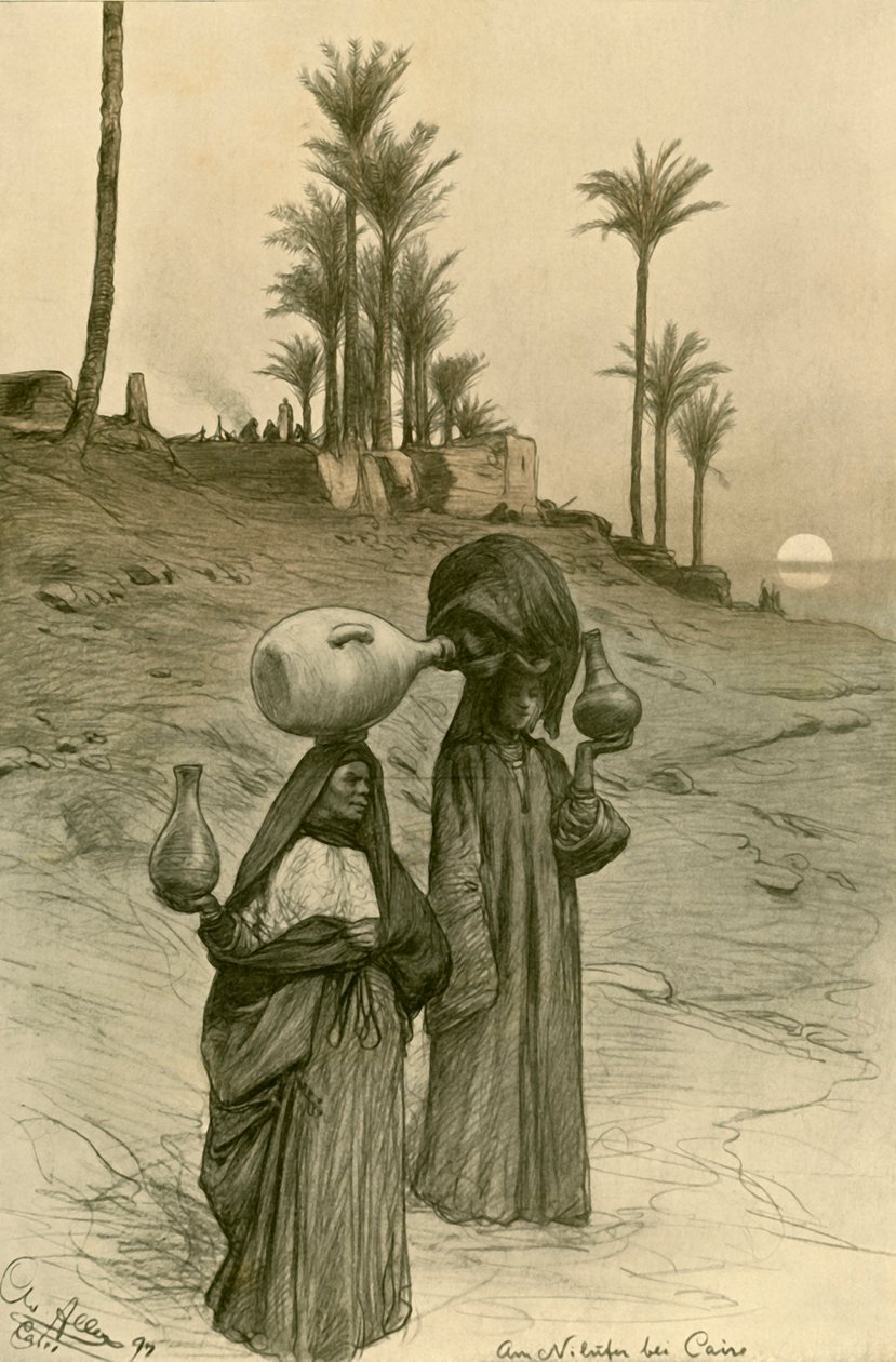 Kvinner som bærer vannpotter på bredden av Nilen, Kairo, Egypt, 1898. av Christian Wilhelm Allers