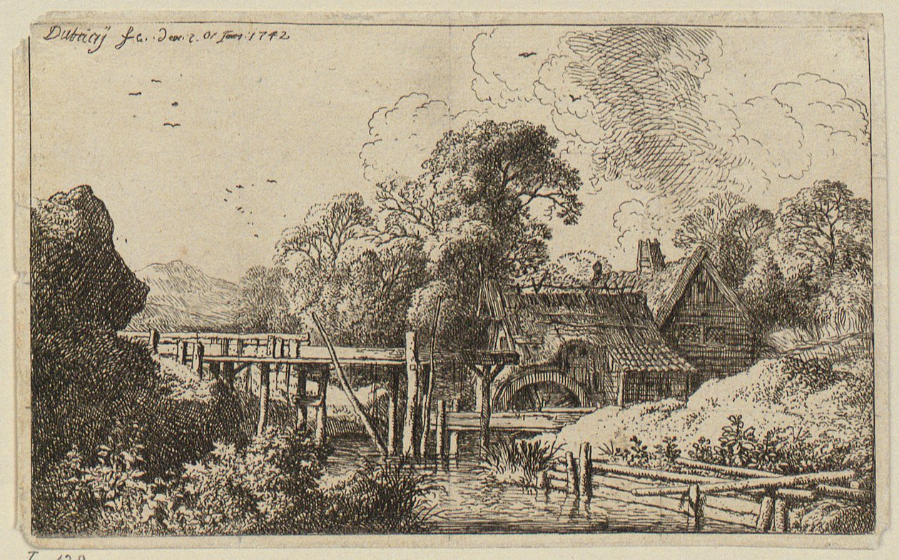 En mølle med en høy vannrenne av Christian Wilhelm Ernst Dietrich