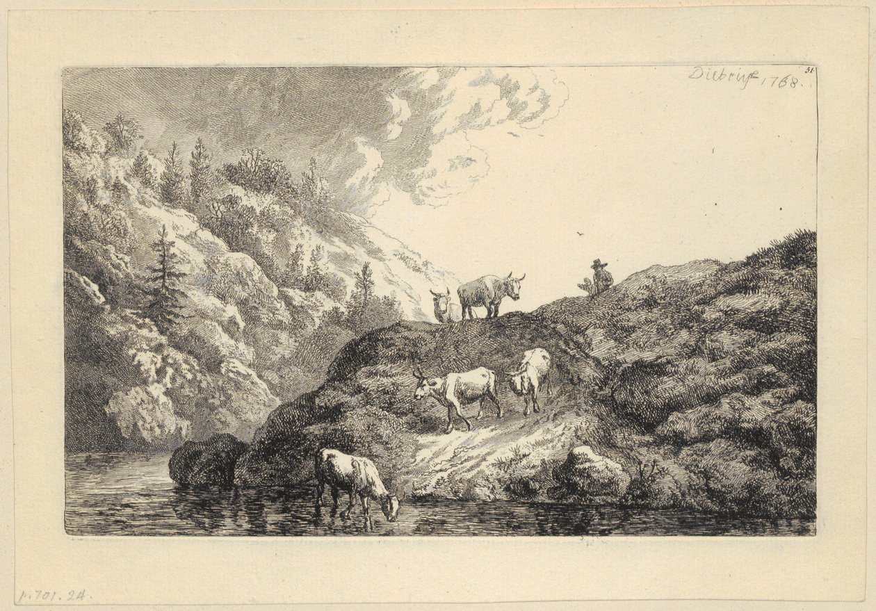 En dyreflokk ved elven [Okser drevet til vanningsstedet] av Christian Wilhelm Ernst Dietrich