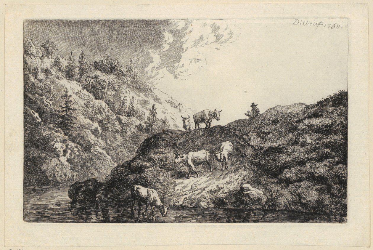En dyreflokk ved elven [Okser drevet til vanningsstedet] av Christian Wilhelm Ernst Dietrich