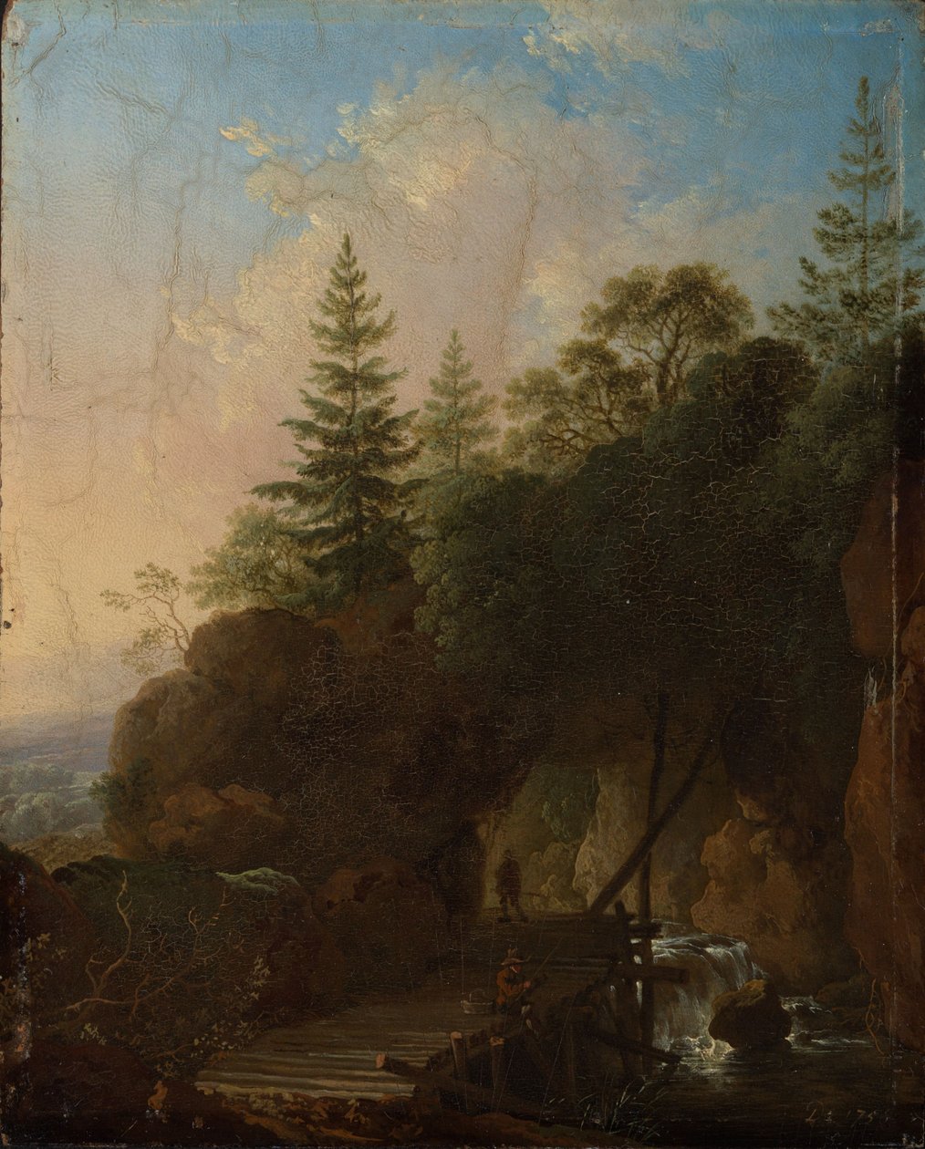 Fjellandskap med foss og trebro av Christian Wilhelm Ernst Dietrich