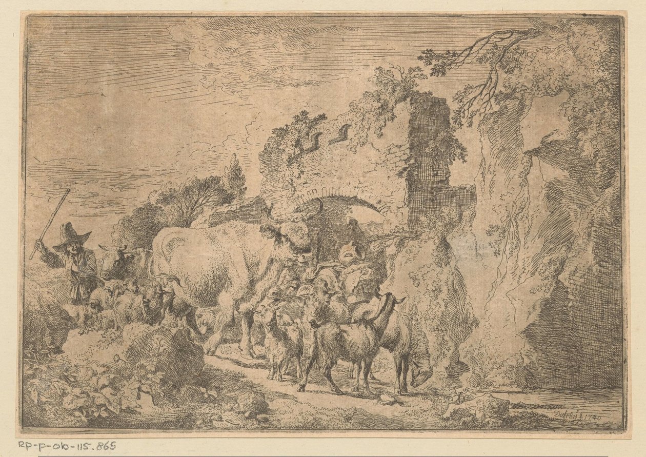 Hyrde med flokk ved en ruin av Christian Wilhelm Ernst Dietrich