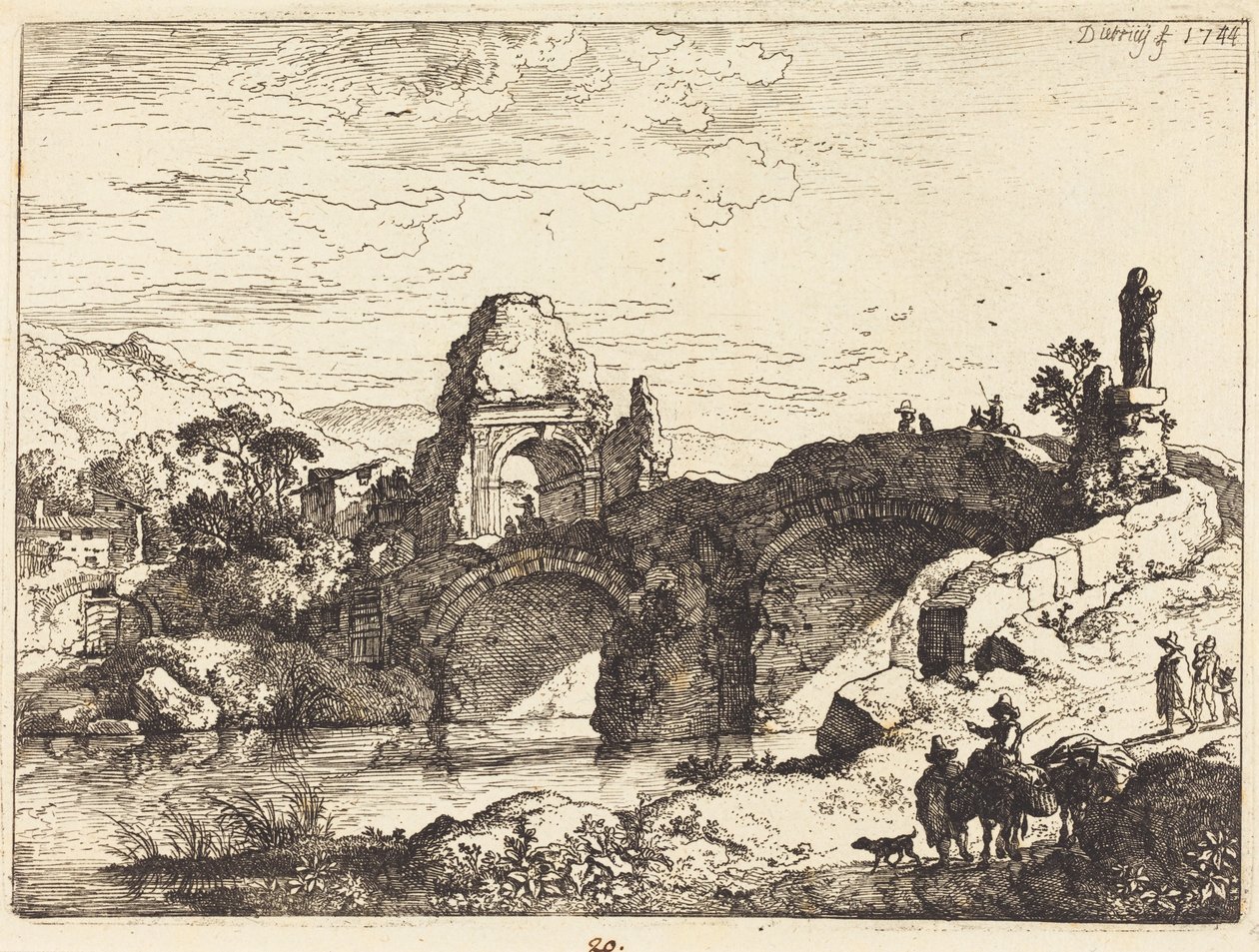 Landskap med en bro og et forfallen tårn av Christian Wilhelm Ernst Dietrich