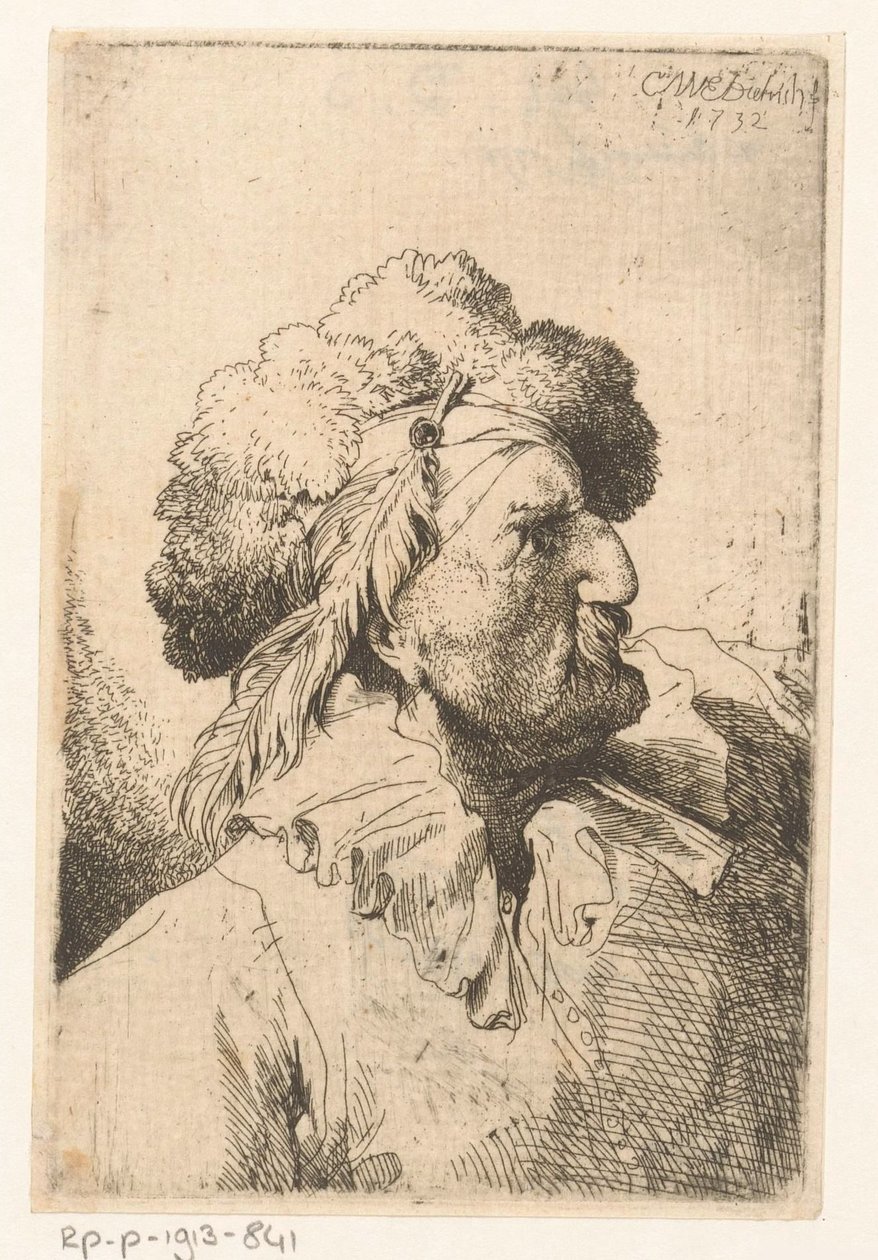 Mann med pelshatt og fjær av Christian Wilhelm Ernst Dietrich