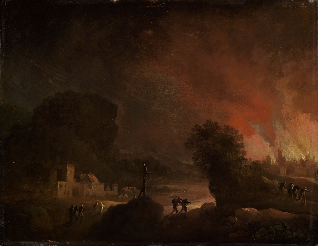 Nattlandskap med brennende by av Christian Wilhelm Ernst Dietrich