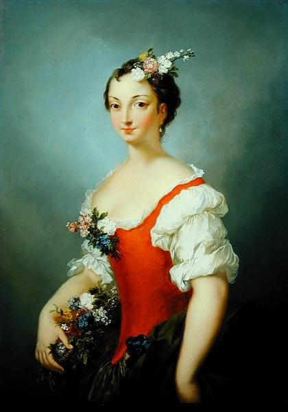 Portrett av en dame som holder blomster (olje på panel) av Christian Wilhelm Ernst Dietrich