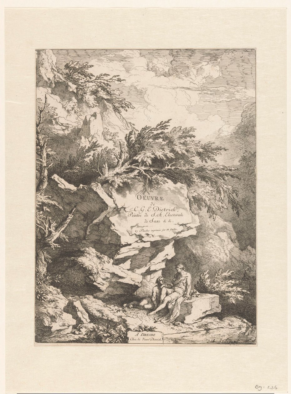 Berglandskap med to figurer hvilende på en stein Oeuvre av C. G. E. Dietrich (serietittel) Oeuvre de C. G. E. Dietrich, Peintre de S. A. Electorale de Saxe (...) (serietittel på objekt) av Christian Wilhelm Ernst Dietrich