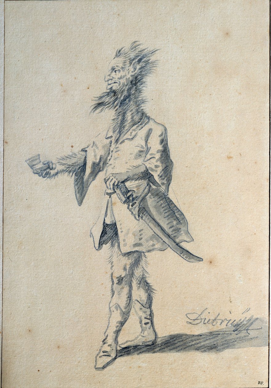 Villmannen Karikatur som viser en monstrøs mann med lang, hårete nakke og splittede ører. Lavis av Christian Wilhelm Ernst Dietrich (1712-1774) 1700-tallet søn. 0,3x0,2 m Paris, musee du Louvre av Christian Wilhelm Ernst Dietrich