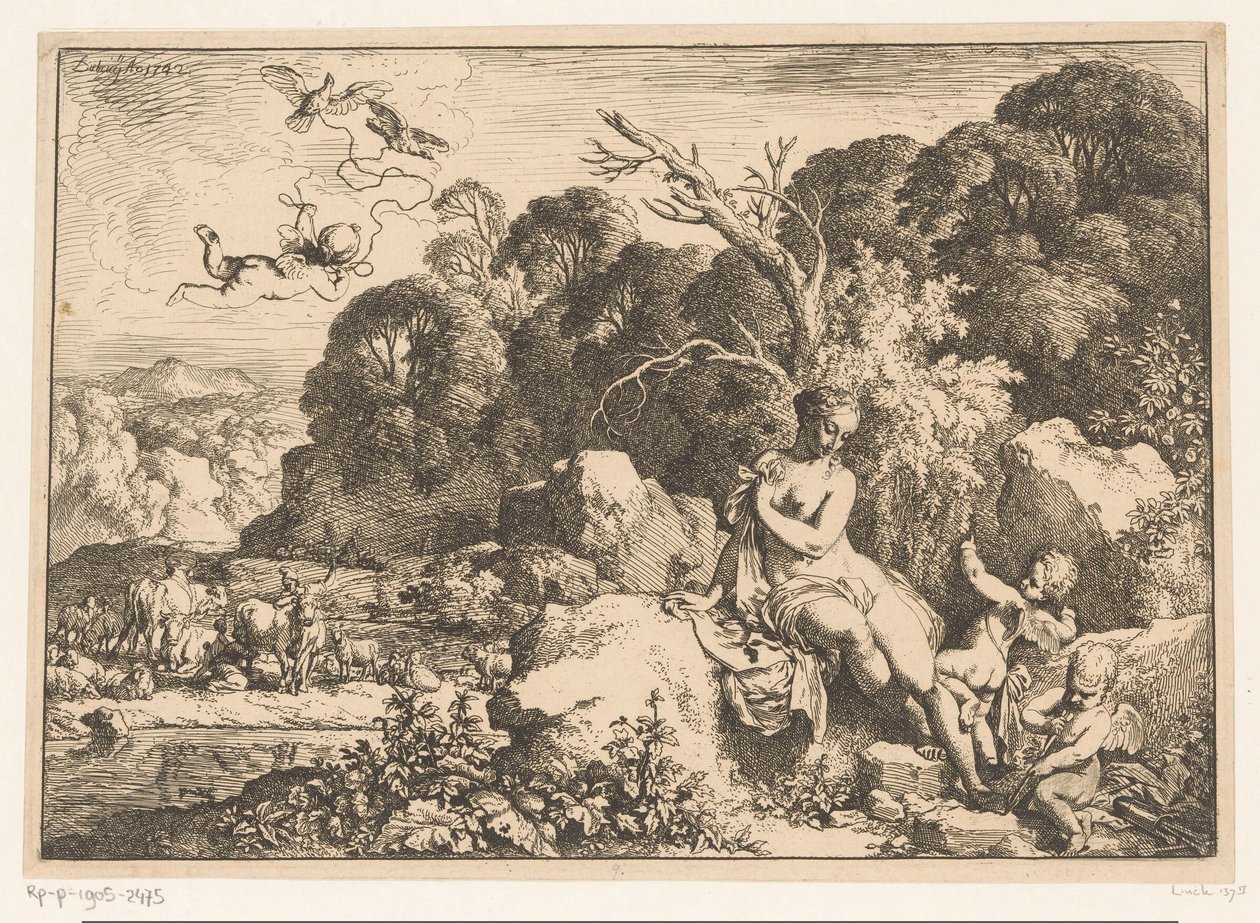 Venus sitter på en stein, akkompagnert av tre putti av Christian Wilhelm Ernst Dietrich