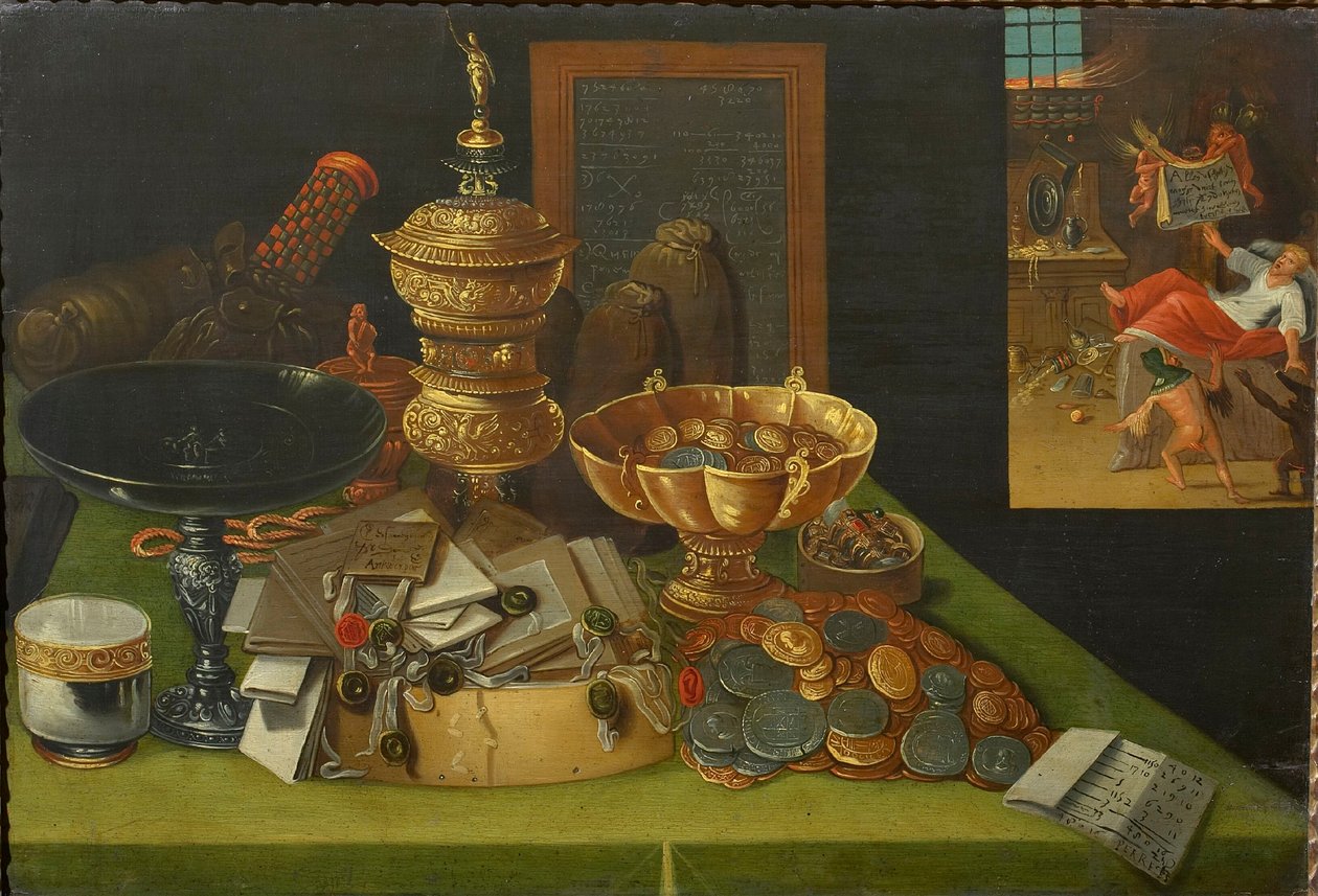 Allegory of Worldly Riches med scenen for den rike mannens død, ca. 1600. av Christian van den Perre