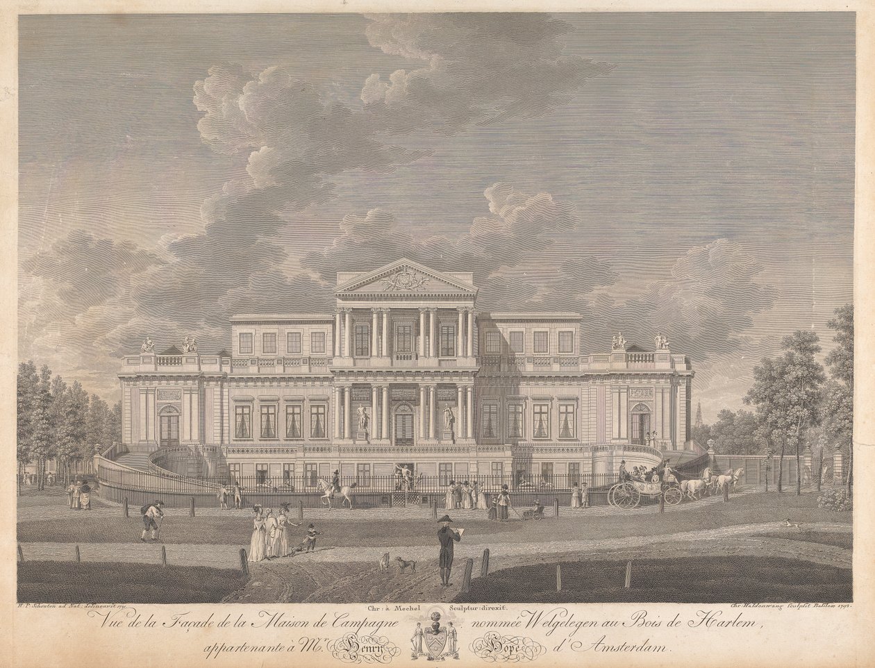 Welgelegen: Utsikt over fasaden til Country House kalt Welgelegen i Harlem Wood, som tilhører Mr. Henry Hope fra Amsterdam av Christian von Mechel