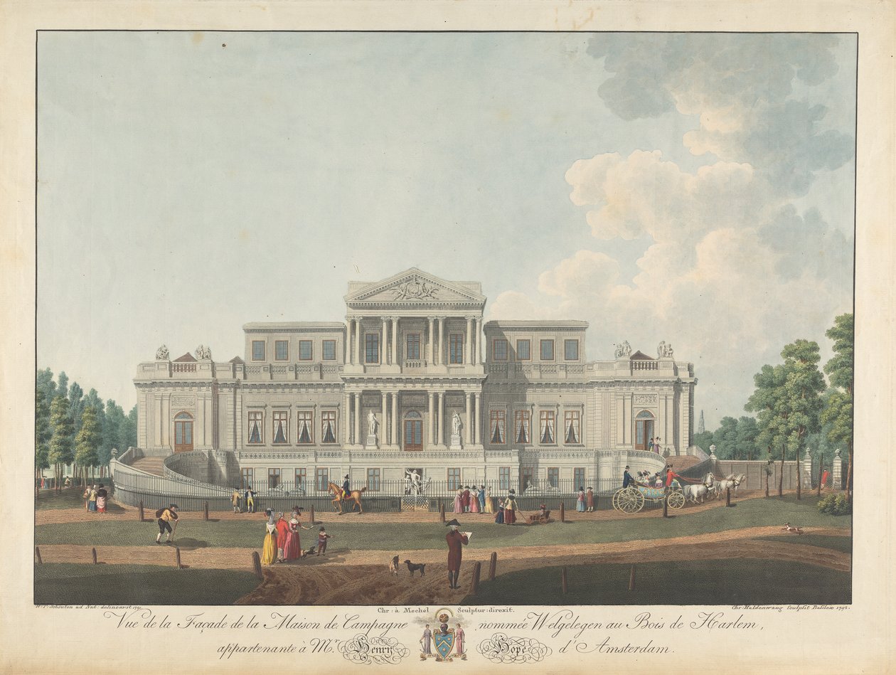 Welgelegen: Utsikt over fasaden til Country House kalt Welgelegen i Harlem Wood, som tilhører Mr. Henry Hope fra Amsterdam av Christian von Mechel
