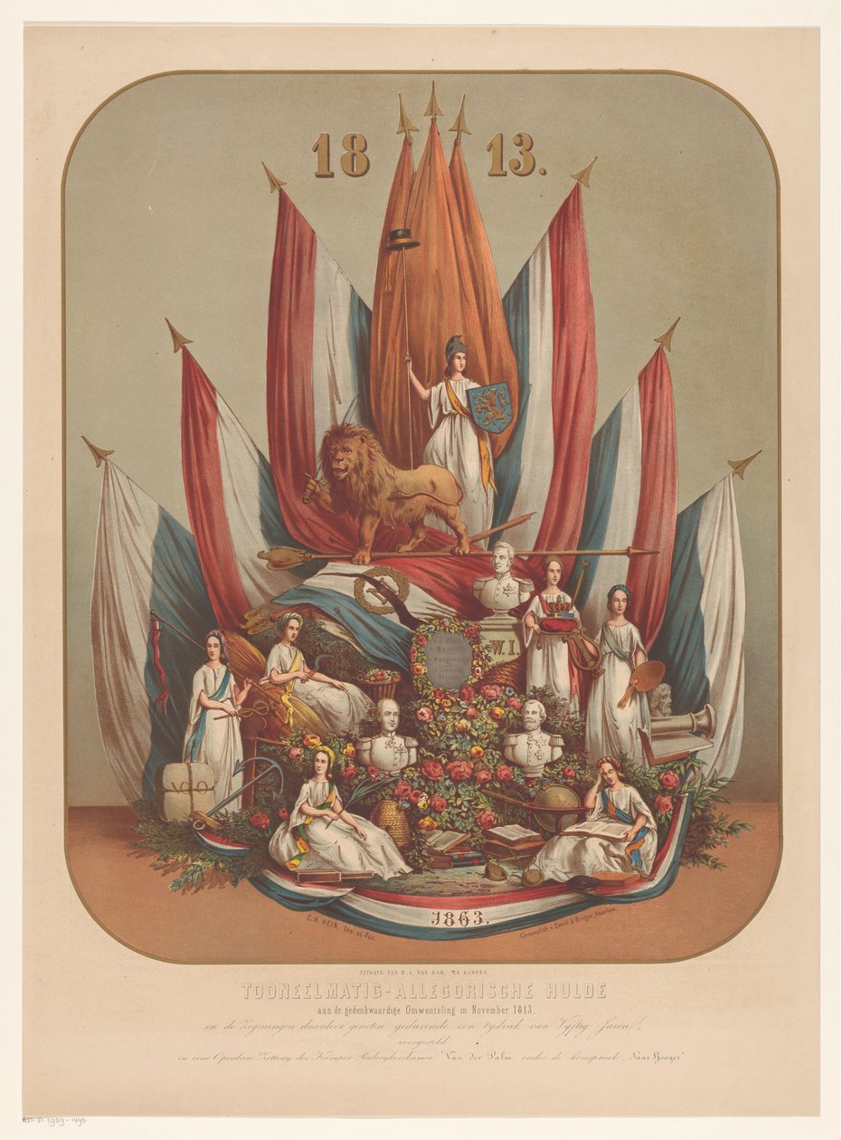 Allegorisk representasjon av den betydningsfulle revolusjonen i november 1813 Teatralsk-allegorisk hyllest til den minneverdige revolusjonen i november 1813 (...) (tittel på objekt) av Christianus Hendricus Hein