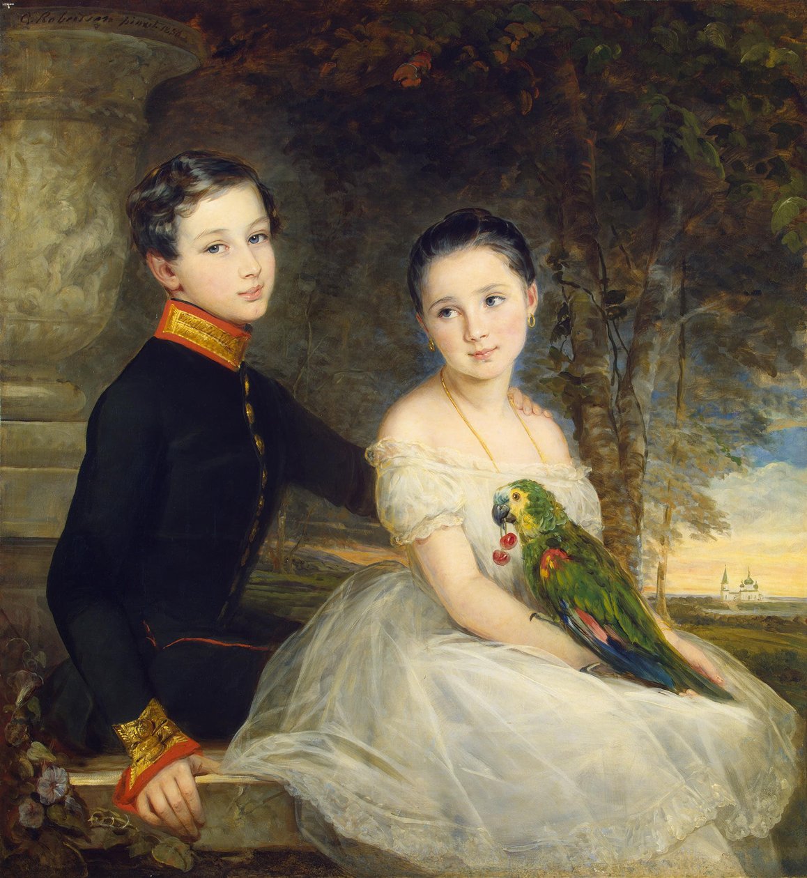 Barn med papegøye par Robertson, Christina (1796-1854) av Christina Robertson