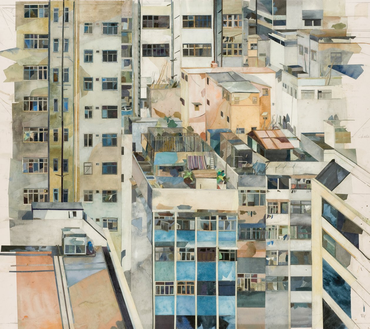 Hong Kong, 2011 (akvarellmalt papirkollasje) av Christine McKechnie