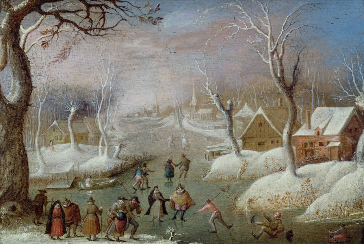 Vinterlandskap med skatere, 1600-tallet av Christoffel van den circle of Berghe