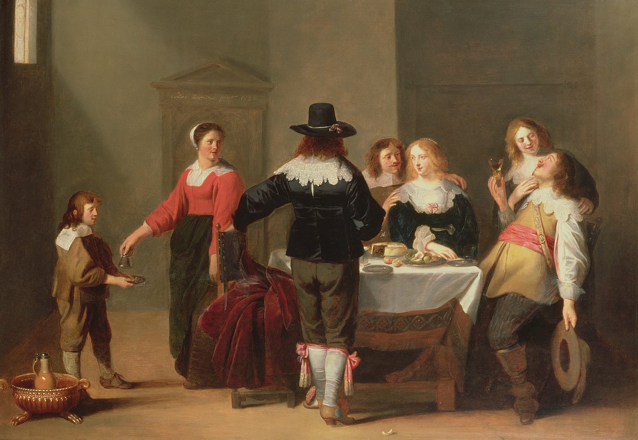 Et vaktromsinteriør med soldater som spiser og drikker i kvinnelig selskap, 1639 av Christoffel Jacobsz van der Lamen