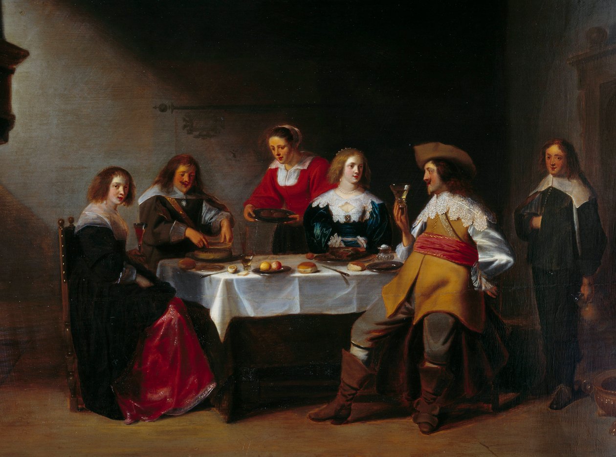 Detalj av "" Company meal"" Maleri av Christophe Van Der Lamen (1606-1651) (ec.flam) Rouen fra 1600-tallet, Musee des Beaux Arts. av Christoffel Jacobsz van der Lamen