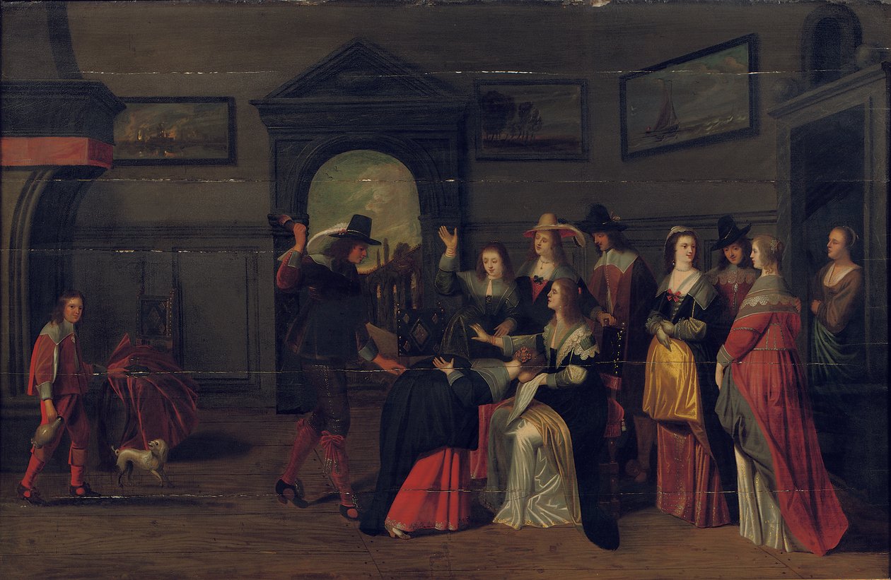 Elegant selskap som spiller spillet La Main Chaude i et interiør av Christoffel Jacobsz van der Lamen